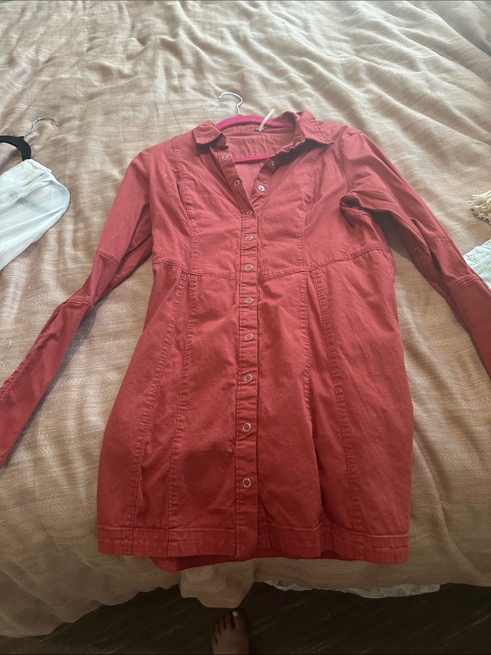 Free People Rust Red Button-Front Long-Sleeve Tunic Dress